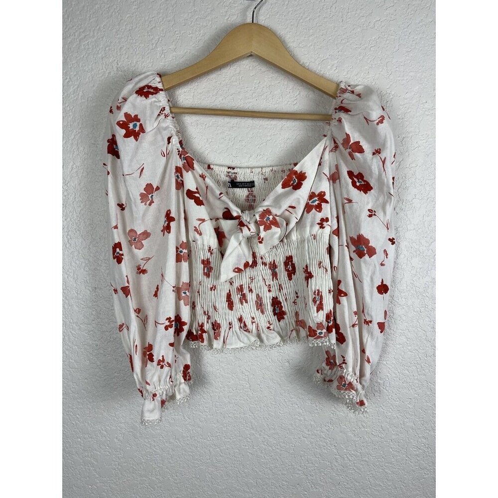 Zara Floral Linen Blend Top Womens Size Small Floral Cropped Boho‎ Peasant